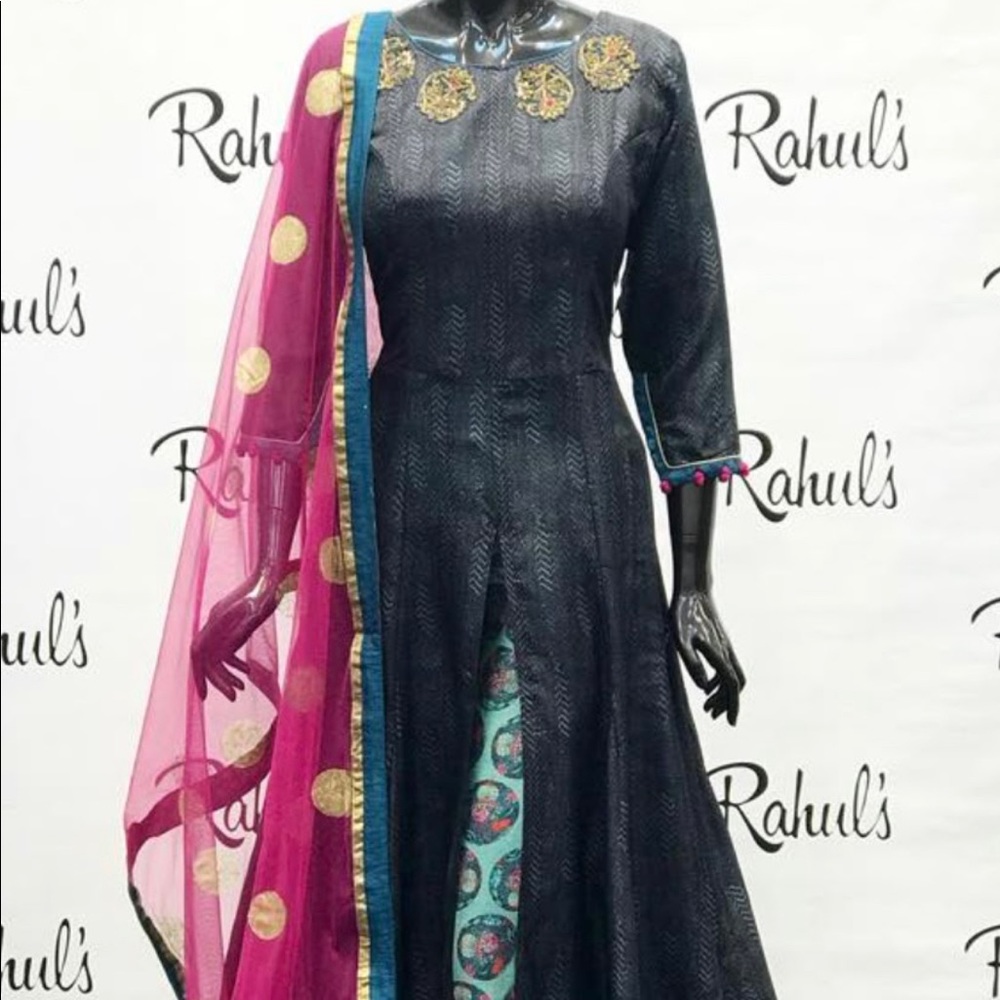 Anarkali gown or dress with middle slit with dupatta and matching bottom